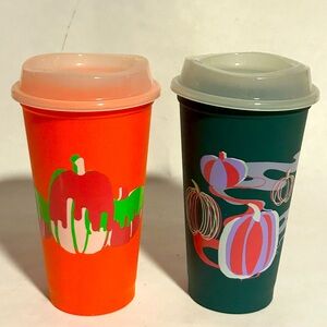 Lot Of 2 Starbucks Halloween Pumpkin Glow In The‎ Dark Reusable Hot Coffee Cups
